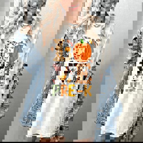 Love Pre-k Teacher Shirts Autumn Fall Pumpkin Fall Leopard Women&#x27;s Comfort Colors T-Shirt - teacherstshirts.com