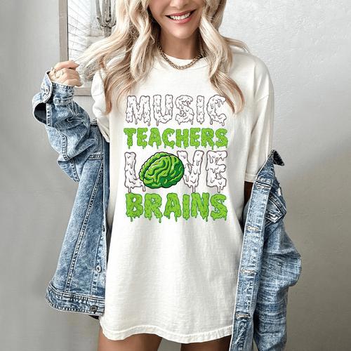 Music Teachers Love Brains Cute Teaching Halloween Women's Comfort Colors T-Shirt - teacherstshirts.com AU