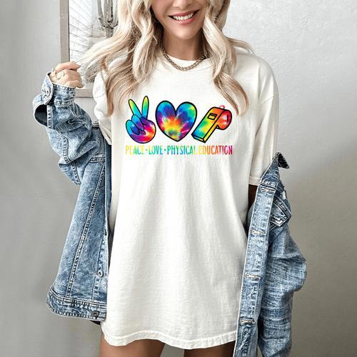 Peace Love Physical Education Tie Dye Sports PE Teacher Women's Comfort Colors T-Shirt - teacherstshirts.com AU