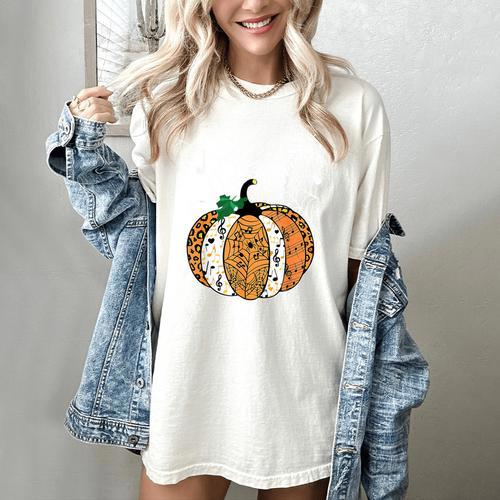 Pumpkin Music Teacher Halloween Fall Music Notes Autumn Women's Comfort Colors T-Shirt - teacherstshirts.com CA