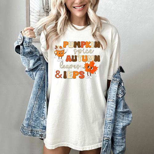 Pumpkin Spice Autumn Leaves IEPS Sped Teacher Fall Women's Comfort Colors T-Shirt - teacherstshirts.com AU