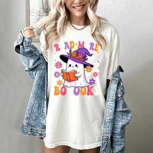 Read More Books Ghost Reading Book Teacher Halloween Women's Comfort Colors T-Shirt - teacherstshirts.com CA