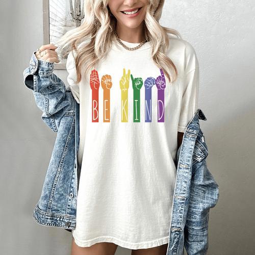 Retro Be Kind ASL Deaf Teacher Sign Language Gay Pride Women's Comfort Colors T-Shirt - teacherstshirts.com