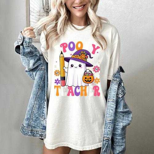 Spooky Teacher Ghost Pencil Teach Halloween Teacher Women's Comfort Colors T-Shirt - teacherstshirts.com