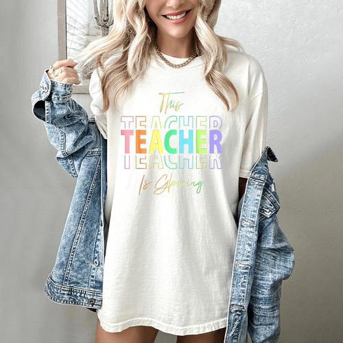 This Teacher Is Glowing Hello Summer End Of School Women's Comfort Colors T-Shirt - teacherstshirts.com