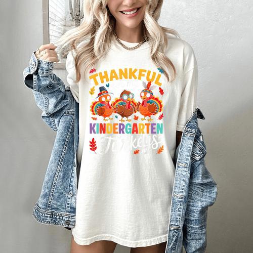 Thankful For My Kindergarten Turkeys Thanksgiving Teacher Women's Comfort Colors T-Shirt - teacherstshirts.com AU