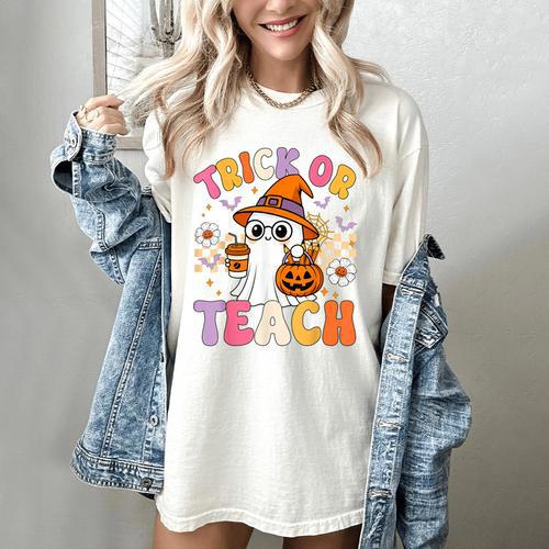 Trick Or Teach Cute Ghost Coffee Pumpkins Halloween Teacher Women's Comfort Colors T-Shirt - teacherstshirts.com DE