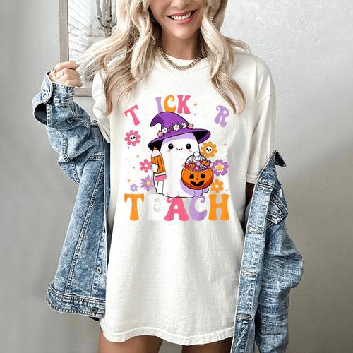 Trick Or Teach Groovy Teacher Ghost Halloween Teacher Women's Comfort Colors T-Shirt - teacherstshirts.com CA