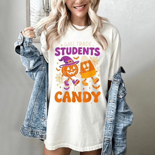 Will Trade Students For Candy Shirt Fun Candy Corn Teacher Women's Comfort Colors T-Shirt - teacherstshirts.com