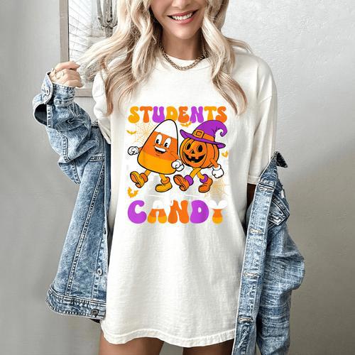 Will Trade Students For Candy Teacher Halloween Women's Comfort Colors T-Shirt - teacherstshirts.com DE