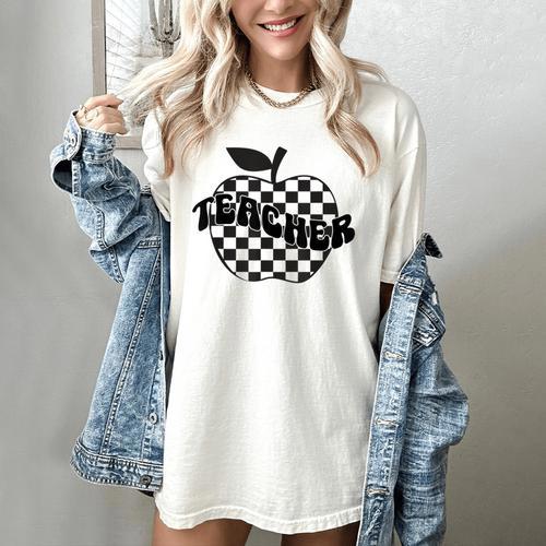 Back To School Checkered Apple Teacher Checkerboard Teacher For Men Women Girls Kids Women's Comfort Colors T-Shirt - teacherstshirts.com CA