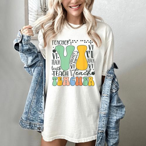 Braille Teacher Of The Visually Impaired Groovy VI Teacher Women's Comfort Colors T-Shirt - teacherstshirts.com UK