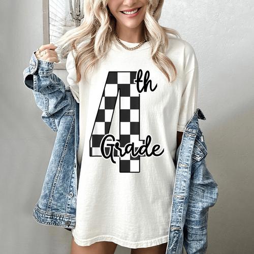 Checkered Fourth Grade Back To School Teachers Students Women's Comfort Colors T-Shirt - teacherstshirts.com CA