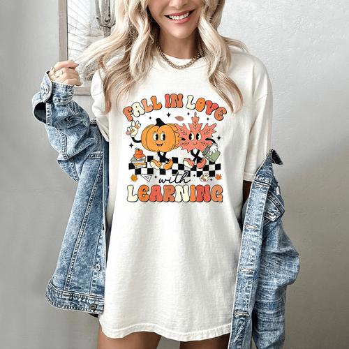Fall In Love With Learning Teacher Retro Thanksgiving Women's Comfort Colors T-Shirt - teacherstshirts.com AU
