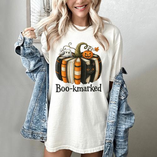 Fun Fall Book Lover Cute Teacher Student Halloween Women's Comfort Colors T-Shirt - teacherstshirts.com CA