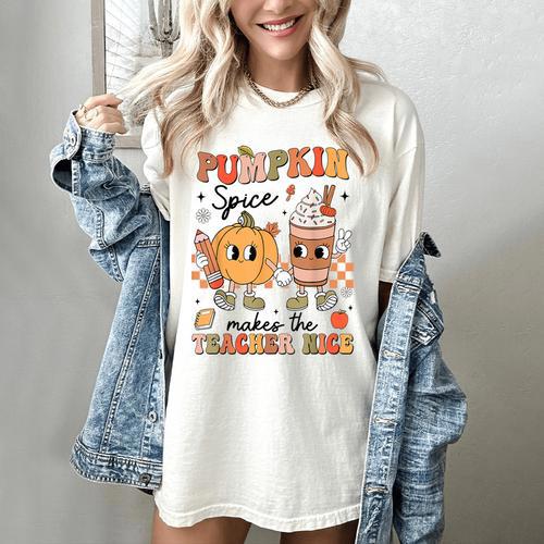 Groovy Pumpkin Spice Makes Teacher Nice Fall Thanksgiving Women's Comfort Colors T-Shirt - teacherstshirts.com AU