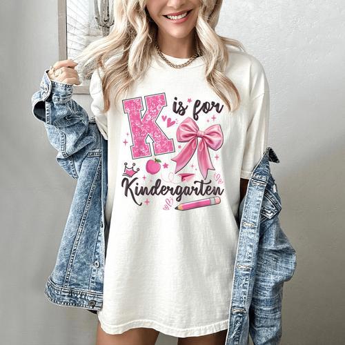 K Is For Kindergarten Teacher Coquette Bow Back To School Women's Comfort Colors T-Shirt - teacherstshirts.com AU