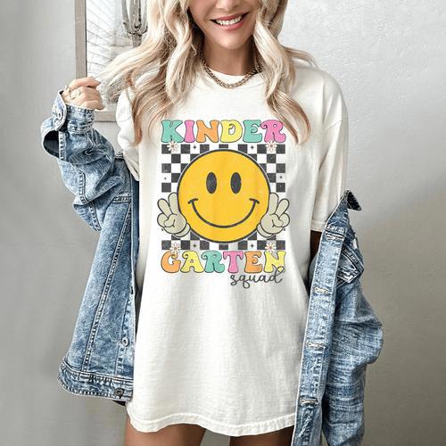 Kindergarten Squad Smile Face Teachers Kids Back To School Women's Comfort Colors T-Shirt - teacherstshirts.com CA