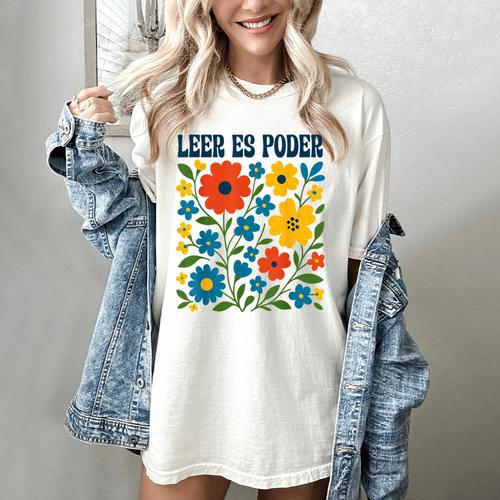Leer Es Poder Cute Floral Boho Spanish Teacher Reading Women's Comfort Colors T-Shirt - teacherstshirts.com AU