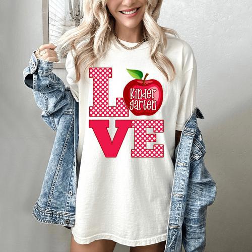 Love Kindergarten Cute Apple School Teacher Women's Comfort Colors T-Shirt - teacherstshirts.com CA