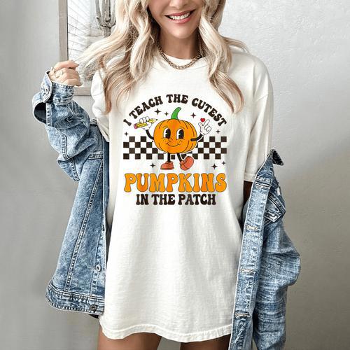 I Teach The Cutest Pumpkins In The Patch Groovy Teacher Fall Women's Comfort Colors T-Shirt - teacherstshirts.com