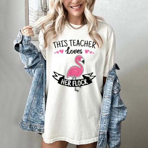 This Teacher Loves Her Flock Cute Flamingo Teacher Women's Comfort Colors T-Shirt - teacherstshirts.com UK