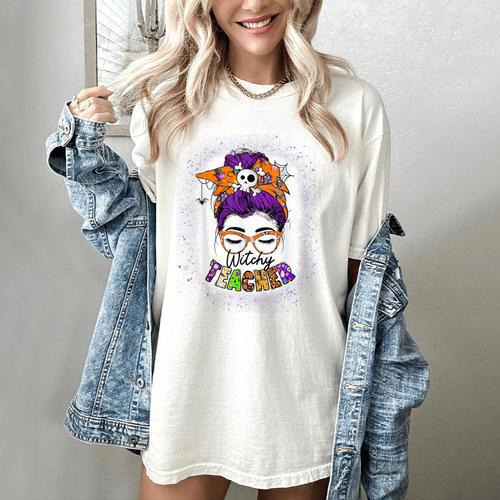Witchy Teacher Halloween Messy Bun Teacher Bleached Women's Comfort Colors T-Shirt - teacherstshirts.com