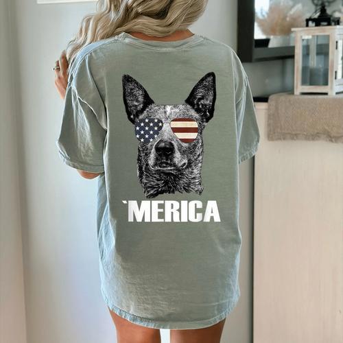 4th July Blue Heeler Dog Merica Patriotic USA Flag Cute Women's Comfort Colors T-Shirt Back Print - Bostonterriersmerch.com