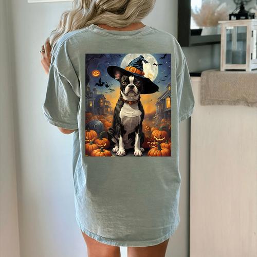 Aesthetic Halloween Boston Terrier Dog Witch Pumpkin For Men Women Kids Women's Comfort Colors T-Shirt Back Print - Bostonterriersmerch.com AU