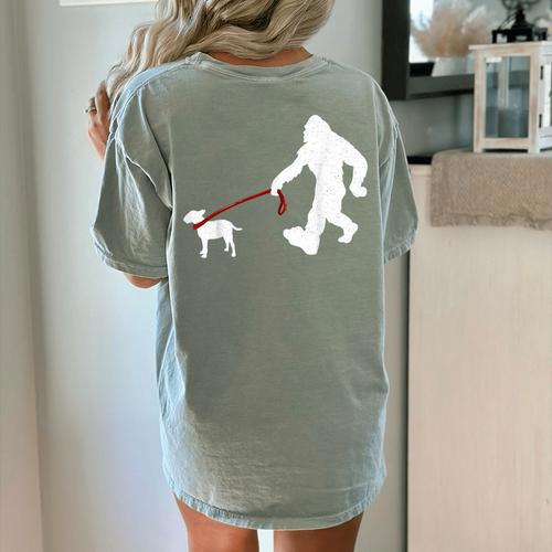 Bigfoot Walking With Bull Terrier Dog Women's Comfort Colors T-Shirt Back Print - Bostonterriersmerch.com