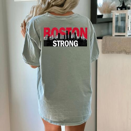 Boston Strong Logo Vintage Boston City Skyline Women's Comfort Colors T-Shirt Back Print - Bostonterriersmerch.com