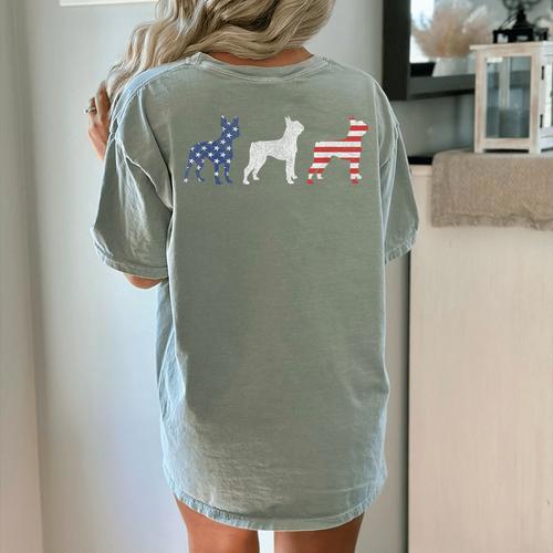 Boston Terrier 4th Of July Dog Patriotic USA Flag Man Woman Women's Comfort Colors T-Shirt Back Print - Bostonterriersmerch.com