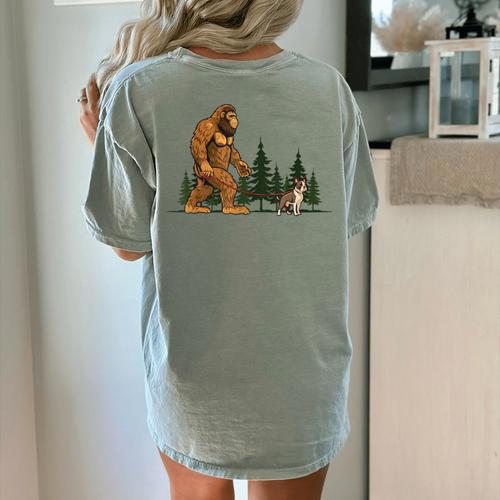 Boston Terrier Bigfoot Dog Walking Dog Mom Dad Kids Women's Comfort Colors T-Shirt Back Print - Bostonterriersmerch.com