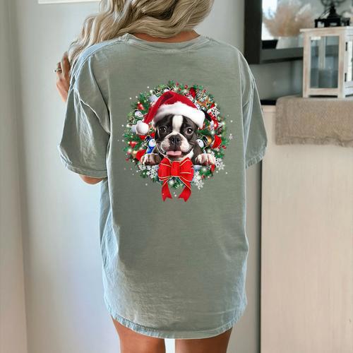 Boston Terrier Christmas Wreath Decoration Xmas Pajamas Women's Comfort Colors T-Shirt Back Print - Bostonterriersmerch.com