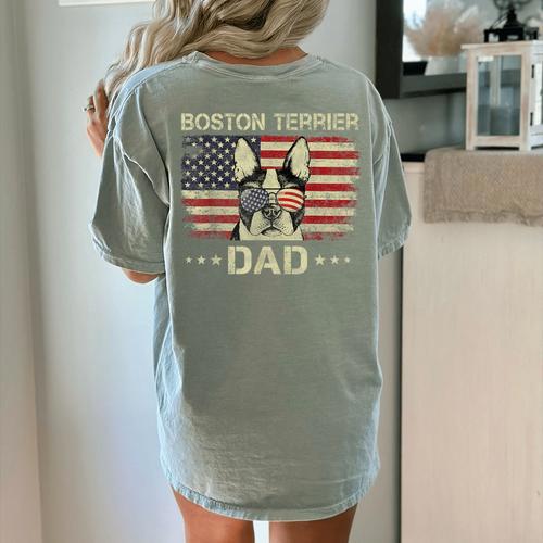 Boston Terrier Dad Dog Lovers American Flag 4th Of July For Women Men Women's Comfort Colors T-Shirt Back Print - Bostonterriersmerch.com