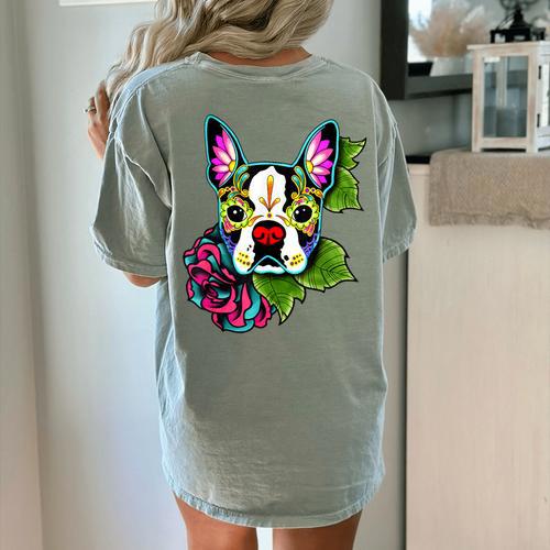 Boston Terrier In Day Of The Dead Sugar Skull Dog Women's Comfort Colors T-Shirt Back Print - Bostonterriersmerch.com