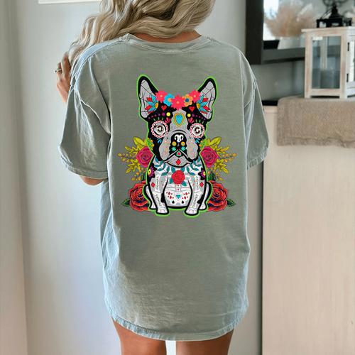Boston Terrier Dia De Los Muertos Day Of The Dead Dog Skull For Men Women Kids Women's Comfort Colors T-Shirt Back Print - Bostonterriersmerch.com