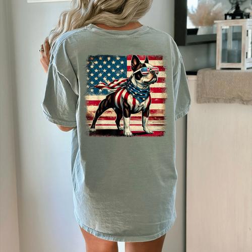 Boston Terrier Dog 4th Of July USA American Flag Patriotic Women's Comfort Colors T-Shirt Back Print - Bostonterriersmerch.com