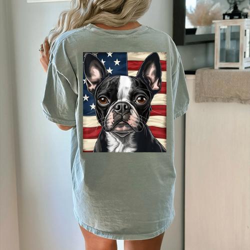 Boston Terrier Dog American Flag 4th Of July Patriotic Puppy Women's Comfort Colors T-Shirt Back Print - Bostonterriersmerch.com