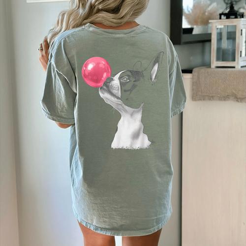 Boston Terrier Dog Blowing Chewing Bubble Gum Pink Women's Comfort Colors T-Shirt Back Print - Bostonterriersmerch.com