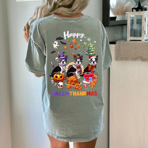Boston Terrier Dog Christmas Happy Hallothankmas Halloween For Men Women Kids Women's Comfort Colors T-Shirt Back Print - Bostonterriersmerch.com