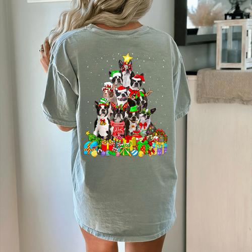 Boston Terrier Dog Christmas Tree Lights Xmas Pajama For Men Women Kids Women's Comfort Colors T-Shirt Back Print - Bostonterriersmerch.com