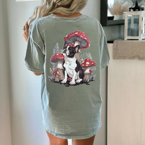 Boston Terrier Dog Cottagecore Aesthetic Mushroom Hat Women's Comfort Colors T-Shirt Back Print - Bostonterriersmerch.com
