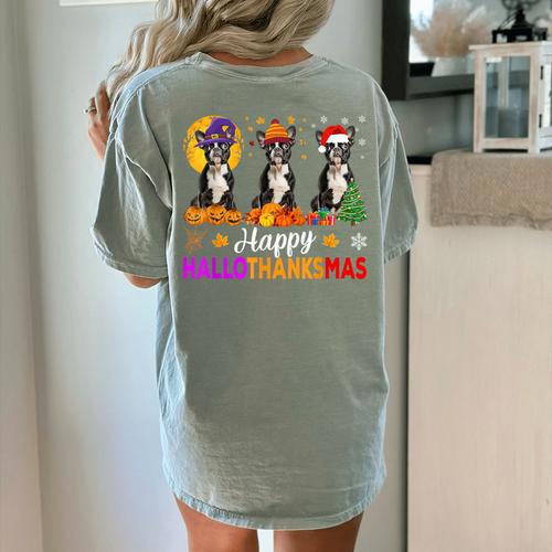 Boston Terrier Dog Halloween Christmas Hallothanksmas Men Women Kids Women's Comfort Colors T-Shirt Back Print - Bostonterriersmerch.com