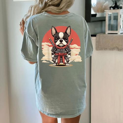 Boston Terrier Dog Japanese Style Samurai Dogs Women's Comfort Colors T-Shirt Back Print - Bostonterriersmerch.com
