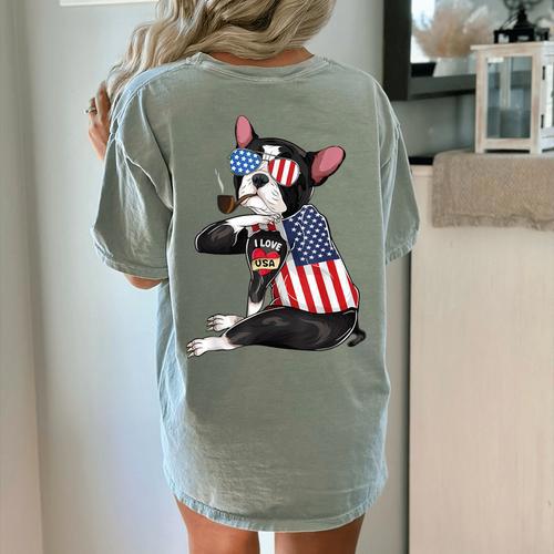 Boston Terrier Dog Merica 4th Of July Usa American Flag Men Women's Comfort Colors T-Shirt Back Print - Bostonterriersmerch.com