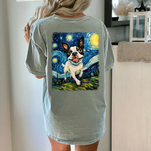 Boston Terrier Dog Starry Night Painting Women's Comfort Colors T-Shirt Back Print - Bostonterriersmerch.com