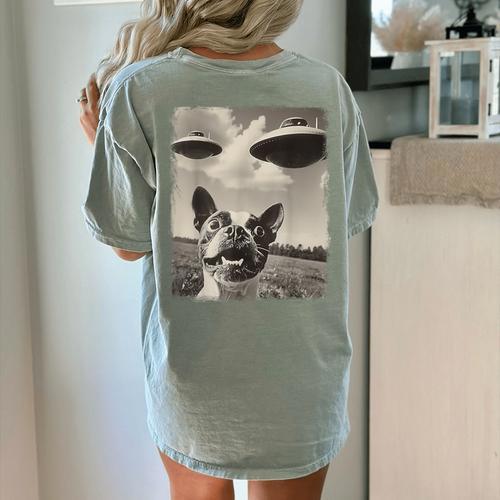 Boston Terrier Dog UFO Alien Extraterrestrial Selfie Women's Comfort Colors T-Shirt Back Print - Bostonterriersmerch.com AU