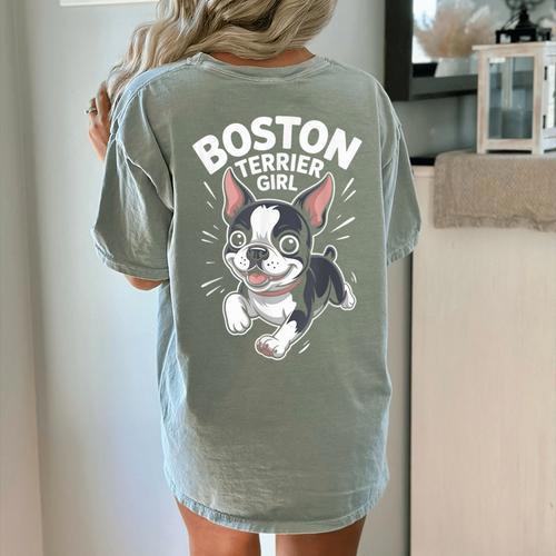 Boston Terrier Girl Cute Cartoon For Dog Owners Pet Terrier Women's Comfort Colors T-Shirt Back Print - Bostonterriersmerch.com