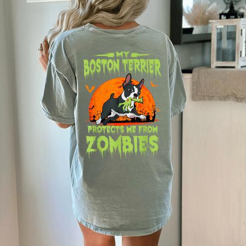Boston Terrier Halloween Zombie American Gentleman Dog Lover Women's Comfort Colors T-Shirt Back Print - Bostonterriersmerch.com